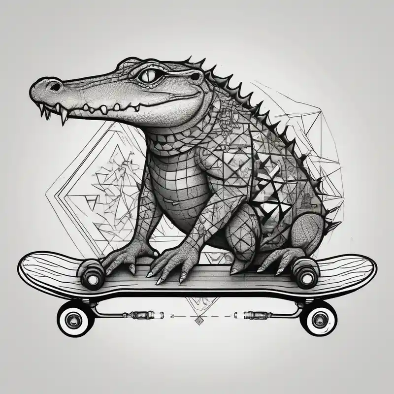 crocodile riding a skateboard with piercings and tattoos floral sleeve tattoo